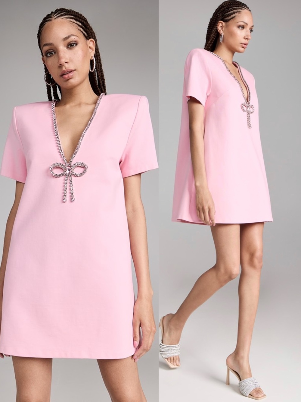 AREA Crystal V Neck Tshirt Bow Dress Medium Pink